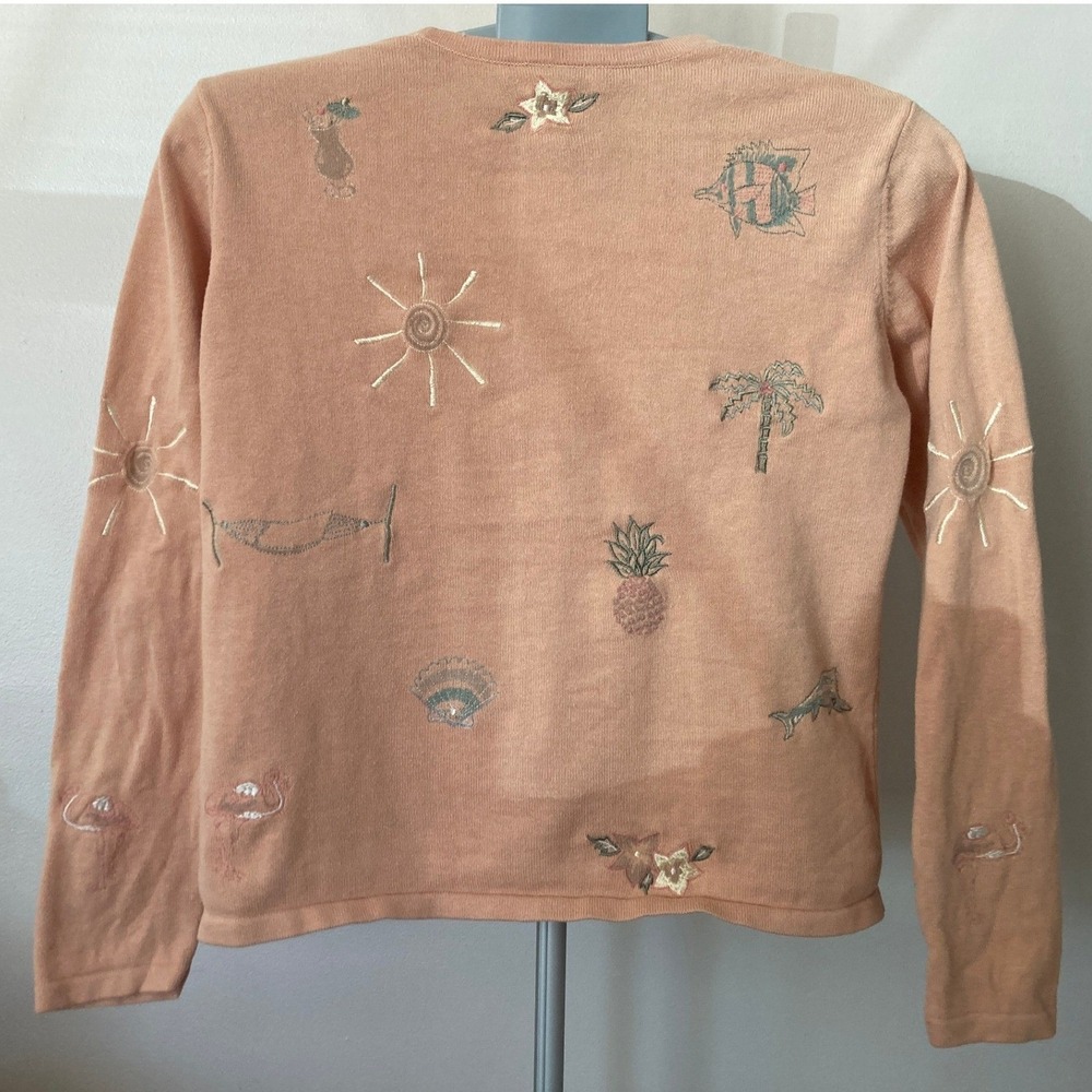 90s Robert Scott Peach Tropical Embroidered V-Neck Cardigan Sweater Beach Summer - Picture 9 of 11
